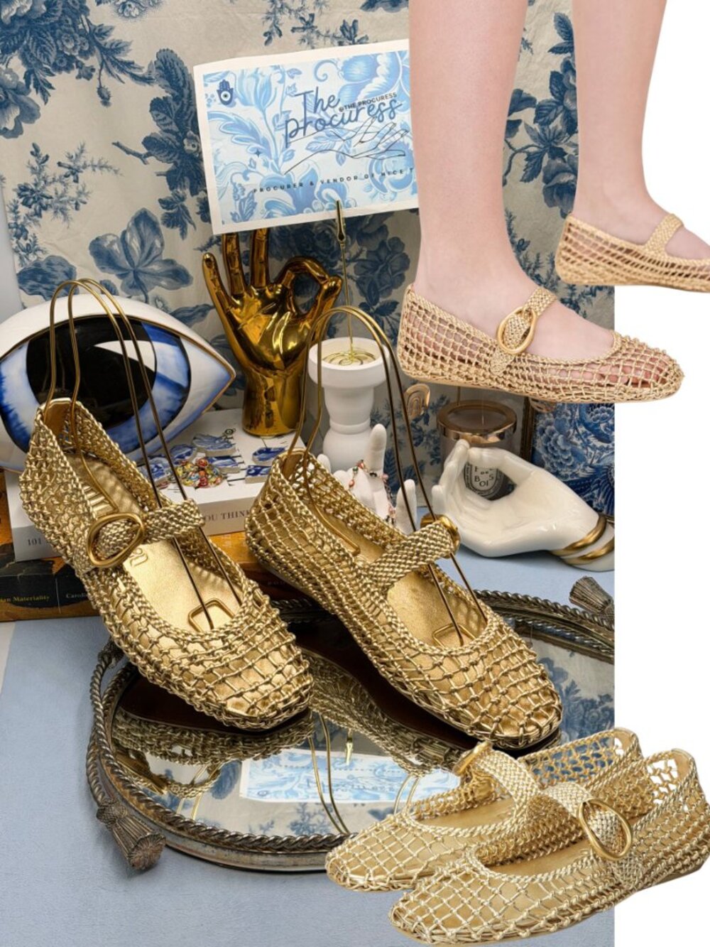 🆕 CULT GAIA 🧿 NWOB Gina Woven Leather Mary Jane Flats, Gold - Sz 37.5 US 7.5